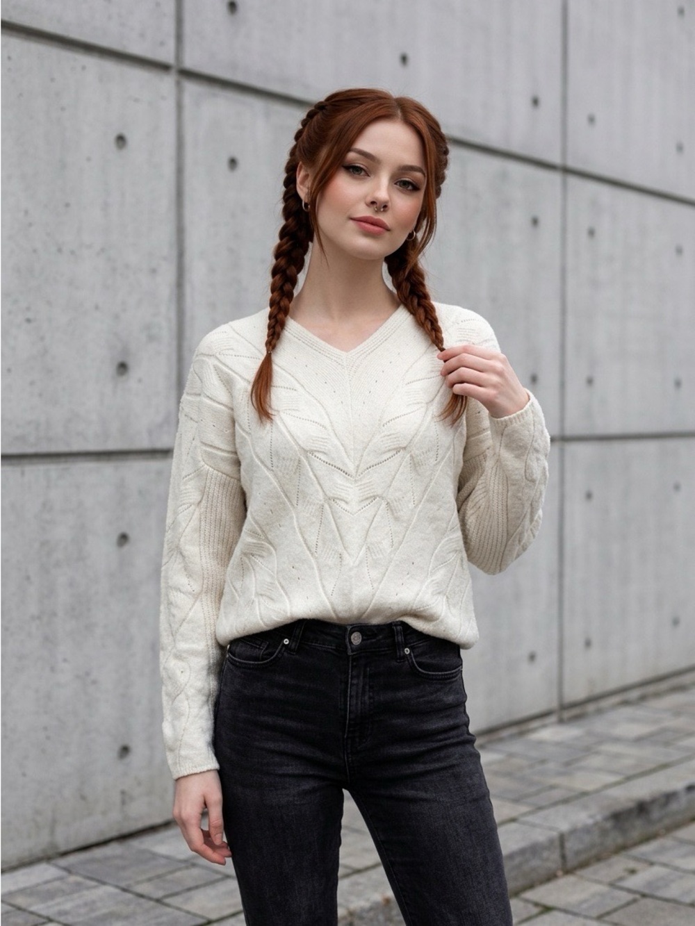 2247 - Women's Cream Cable Knit V-Neck Sweater